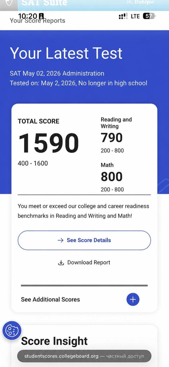 Doniyor Botirov 1590 SAT score report